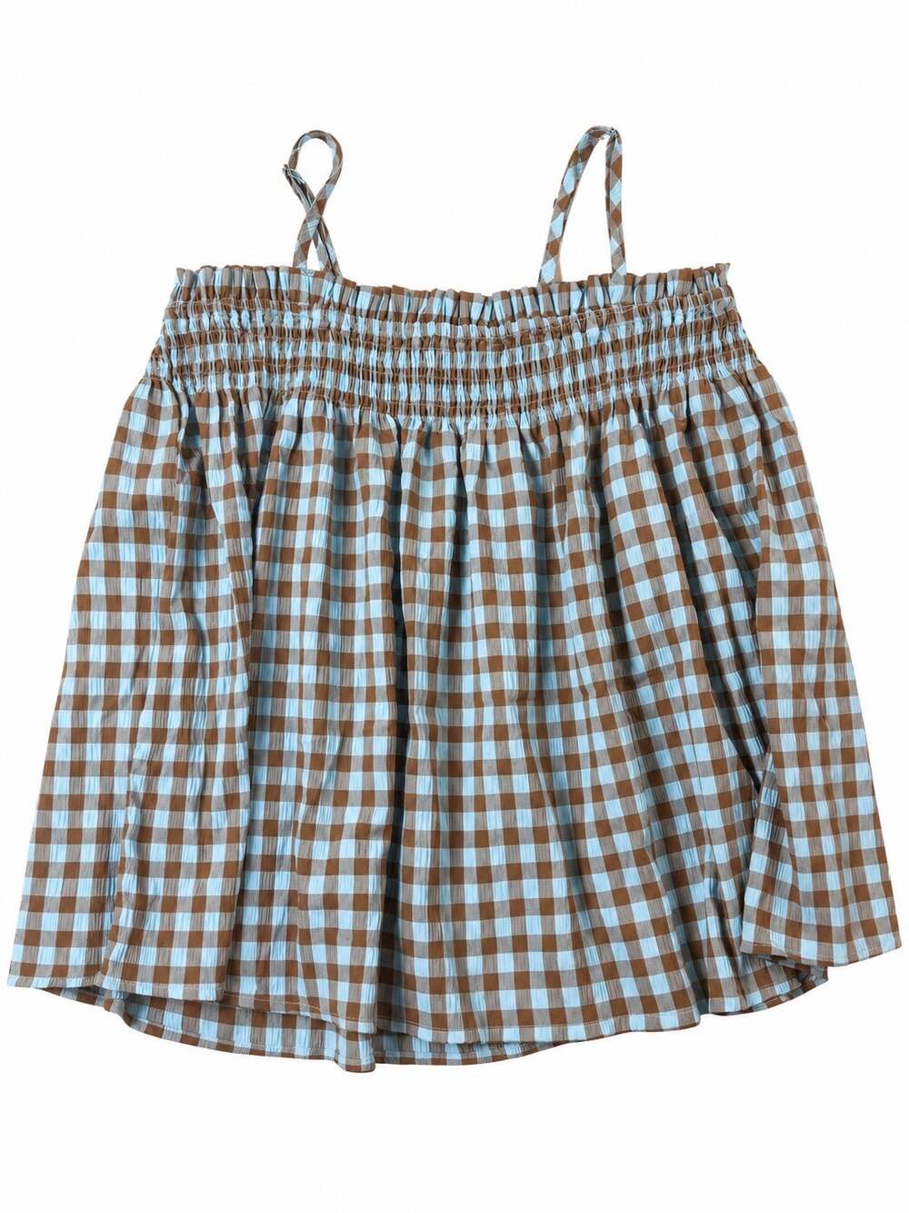 Blue Brown Gingham Smocked Babydoll Cami Tank Top Adjustable Straps L